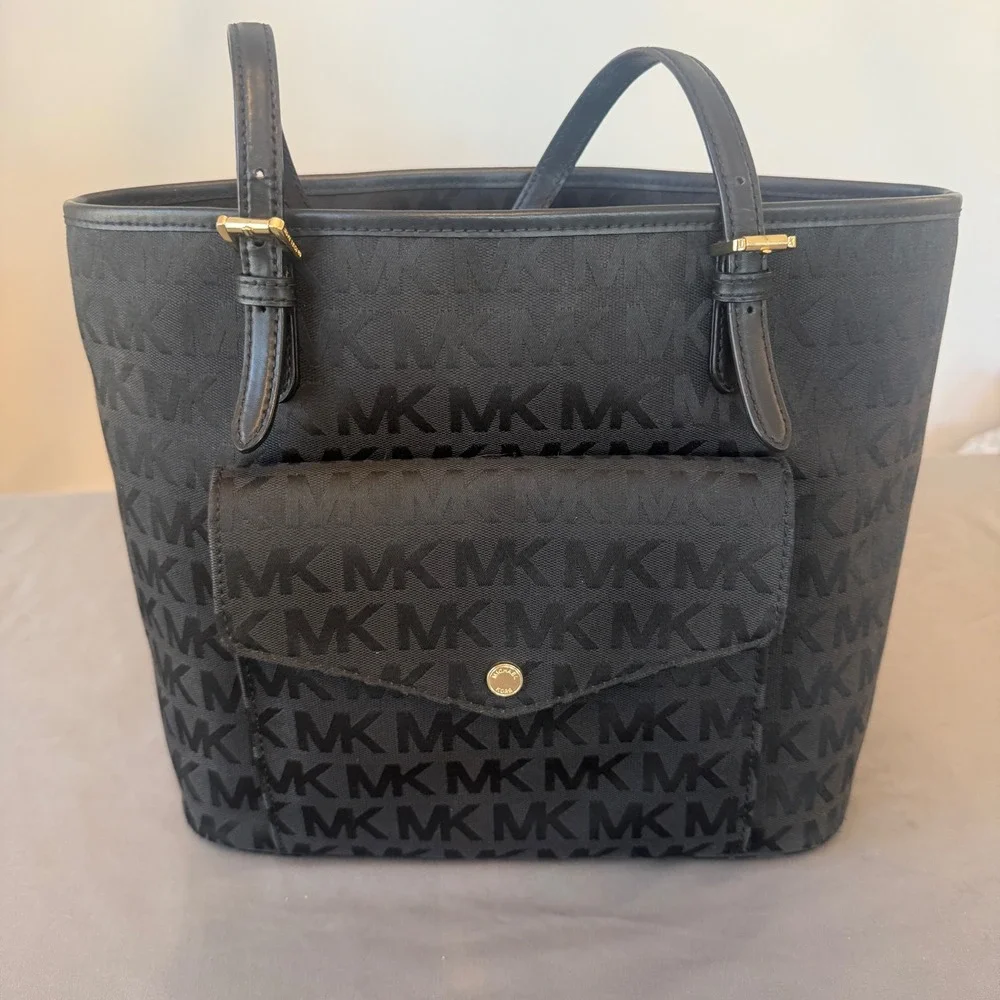 Michael Kors‎ Black MK Monogram Jacquard Tote Shoulder Bag Gold Hardware